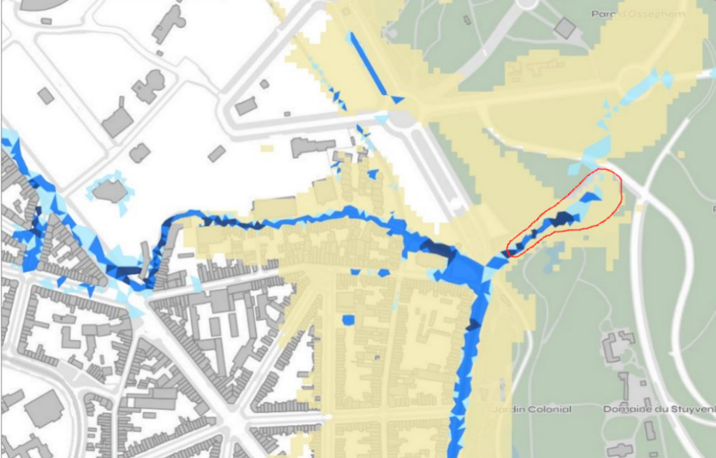 Aléas (risques) d'inondation sur le parcours du Heyselbeek. En rouge l'emplacement prévu pour le dépôt STIB